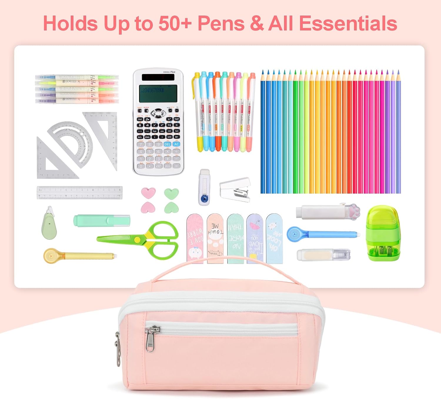 Large Capacity Pencil Case - Pencil Pouch for Teen Girls, Aesthetic Pouch Organizer with 8 Compartments, Wide Opening Marker Bag for Middle High School College, Fits Calculator, Pink