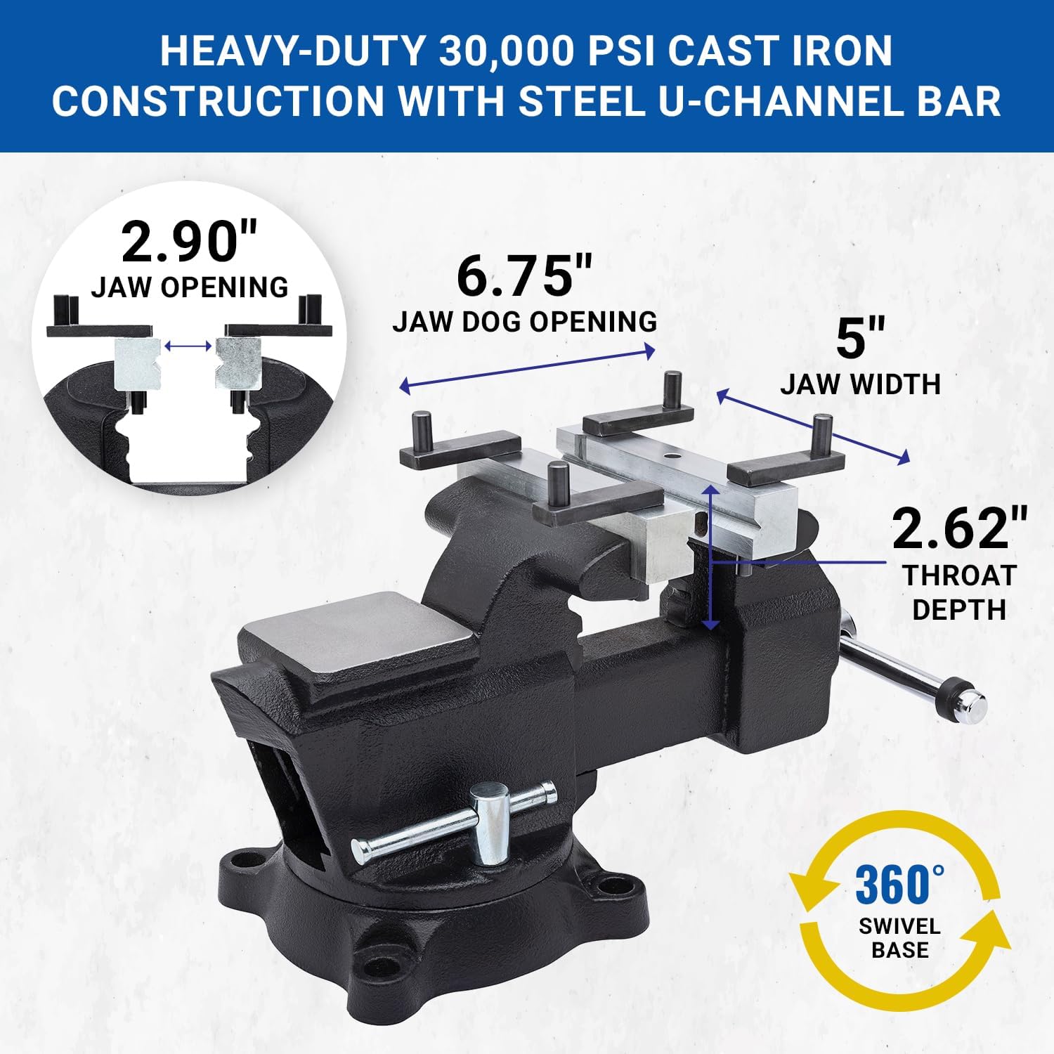 Yost MV-5 Multipurpose 5" Wide Jaw Homeowners Bench Vise | Industrial & Workshop-Grade Work Table Mechanic Tools for Wood Working, Metal Works, & DIY Projects | 360° Swivel Base | Includes 4 Jaw Dogs