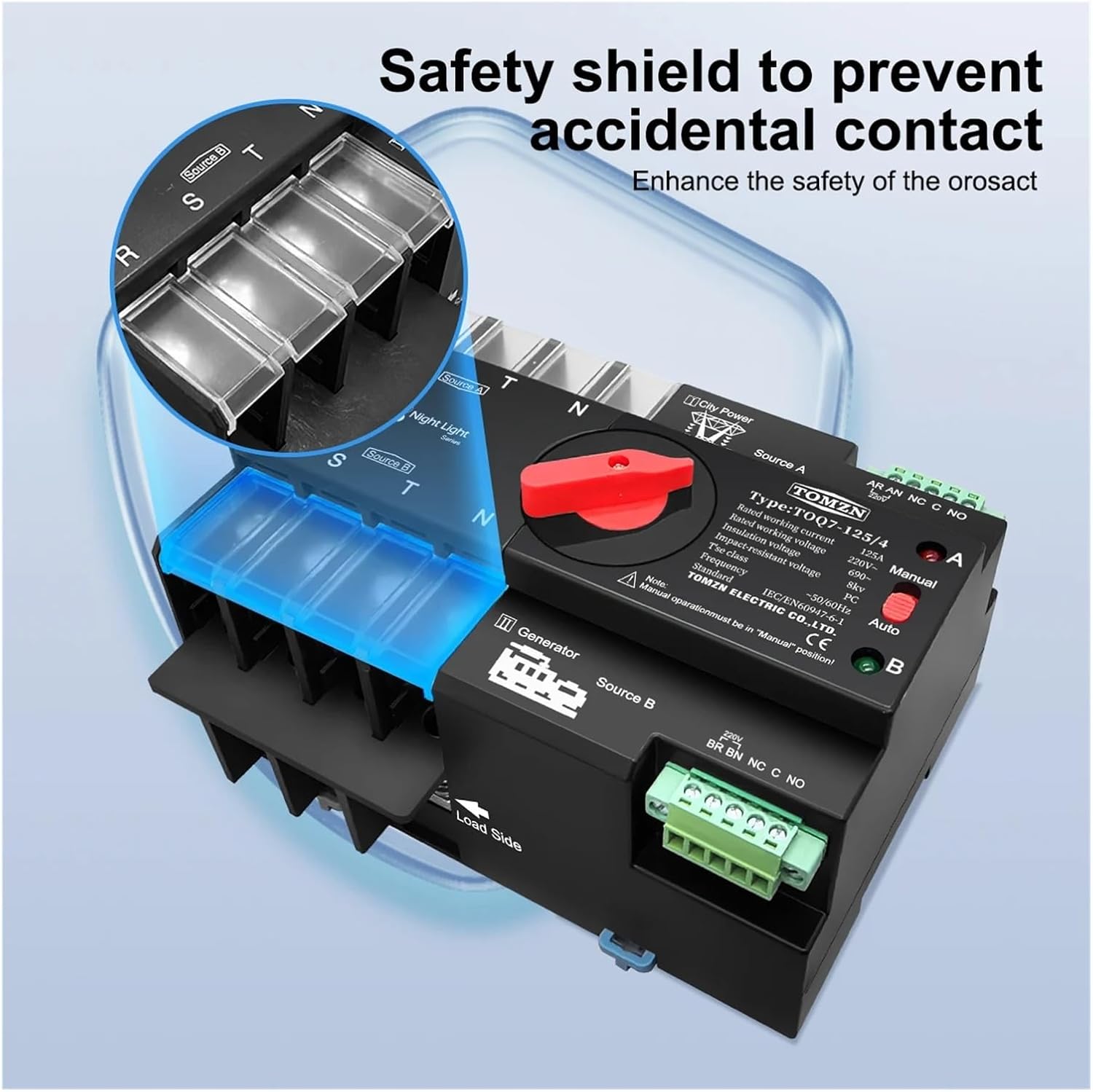 Din Rail 3 Phase 4P 63A 100A 125A 220V 230V Dual Power Automatic Transfer Electrical Selector Switch Uninterrupted(100A)