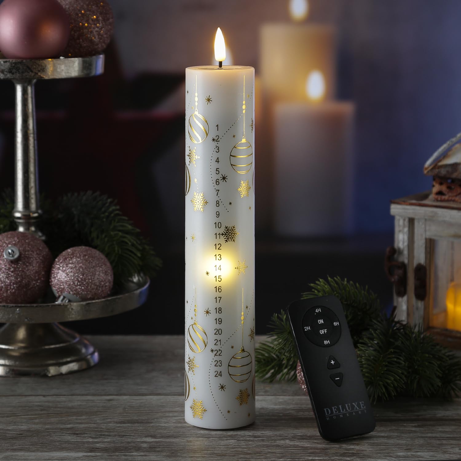 MARELIDA LED Adventskalenderkerze mit 24 Zahlen Deluxe Homeart Weihnachtskerze mit Fernbedienung und Batterien H: 25cm Echtwachs Adventskerze Kalenderkerze (weiß/gold)