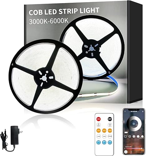Miniatura 8 de COB - Tira de luces LED de 100 pies, 3000 K CC 24 V, regulable, blanco cálido, tira de luces LED flexibles para dormitorio, con control remoto y