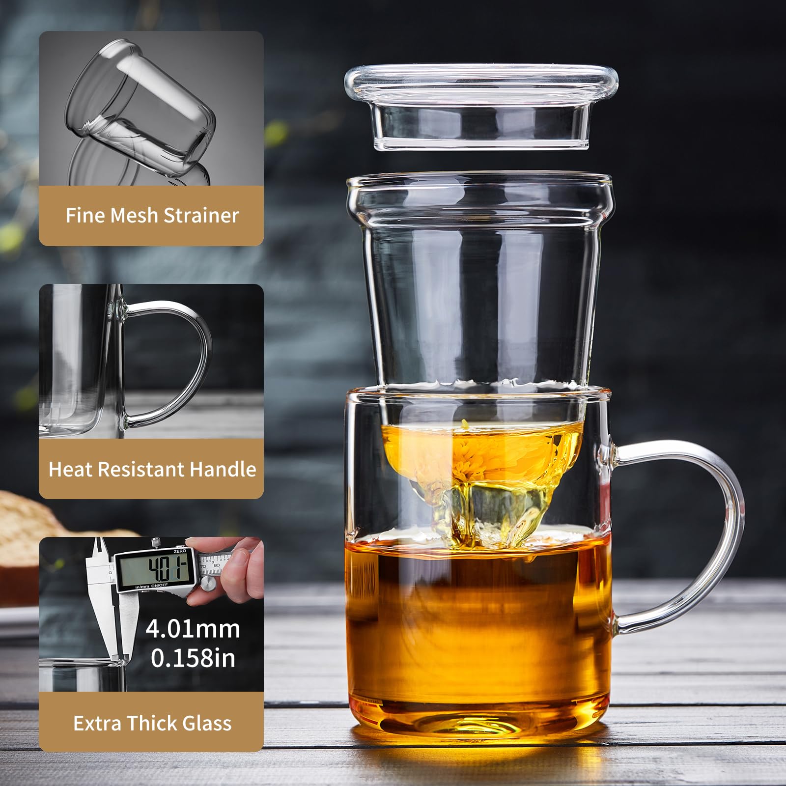 DOPUDO Glass Tea Cup with Infuser and Lid, 17.6oz/520ml Large Borosilicate Teacup,Tea Glass, Clear Mug for Loose Leaf Tea, Blooming Tea, Microwave & Dishwasher Safe - Tea Maker Gift for Birthday.: Glass Tea Cup with Infuser and Lid, 17.6oz/520ml Large Borosilicate Teacup, Clear Mug for Loose Leaf Tea, Blooming Tea, Tea Bags - Perfect Christmas or Birthday Gift for Women