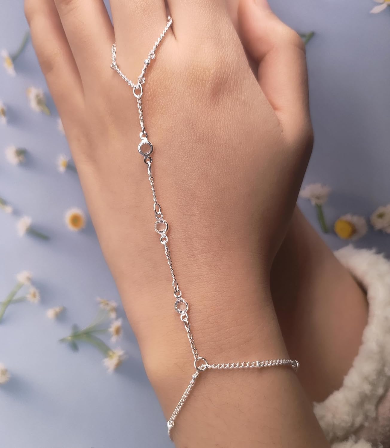 Tornito 9Pcs Hand Chain Bracelet for Women 18k Gold Plated Ring Bracelet Cubic Zircon Bead Flower Finger Bracelet Hand Jewelry Silver Gold Tone Size Adjustable - Image 6