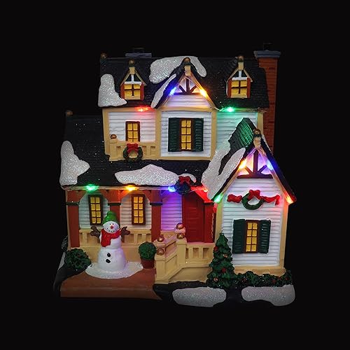 Miniatura 6 de Casa de Pueblo Navideño con Muñeco de Nieve Edificio Coleccionable de Aldea Navideña Musical Iluminada con Nieve Adición Perfecta para tus