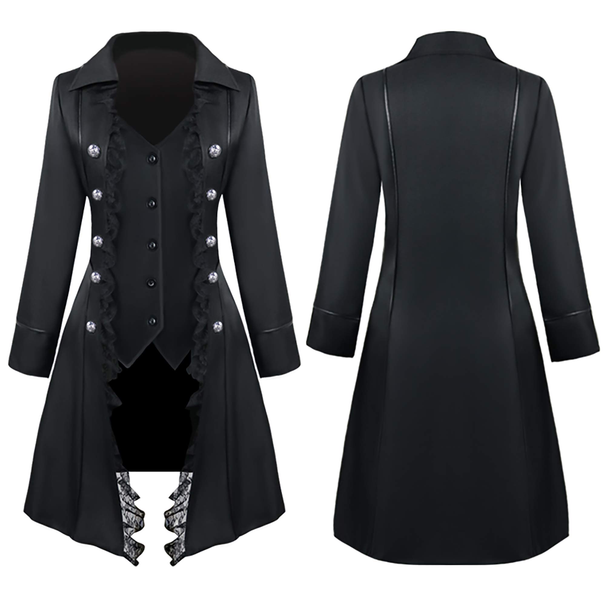 Feynman Damen Steampunk Frack Gothic Mantel mit Spitze, Fraun Barock viktorianisch Dreireiher Vintage Mittelalterlich Jacke Uniform Schwarz S