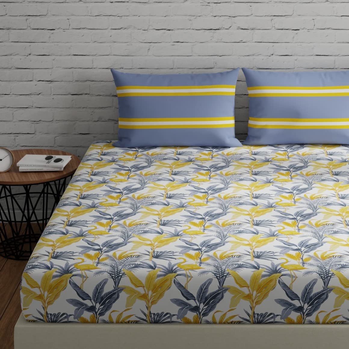 Huesland by Ahmedabad Cotton 144 TC Bedsheet King Size Cotton with 2 Pillow Covers | 108×108 inch | Flamingos & Stripes Grey & Yellow