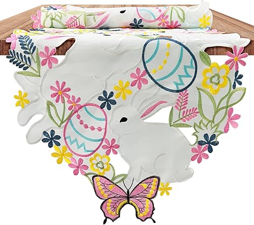 Arciveberg Juego de 4 manteles individuales redondos de primavera y Pascua con conejito bordado y huevos coloridos, decoración de mesa de primavera