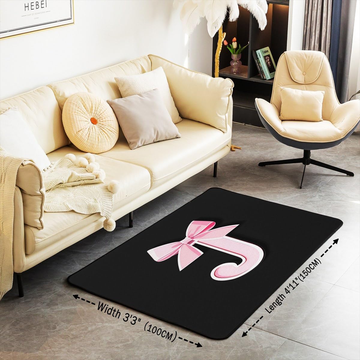 jejeloiu Kids Girls Black Pink Bow Living Room Rugs for Bedroom Area Rug 3x5 Monogrammed Decor Carpet Soft Shaggy Absorben Personalized Initial J Indoor Floor Mat Modern Fashion Bowknot Non-Slip