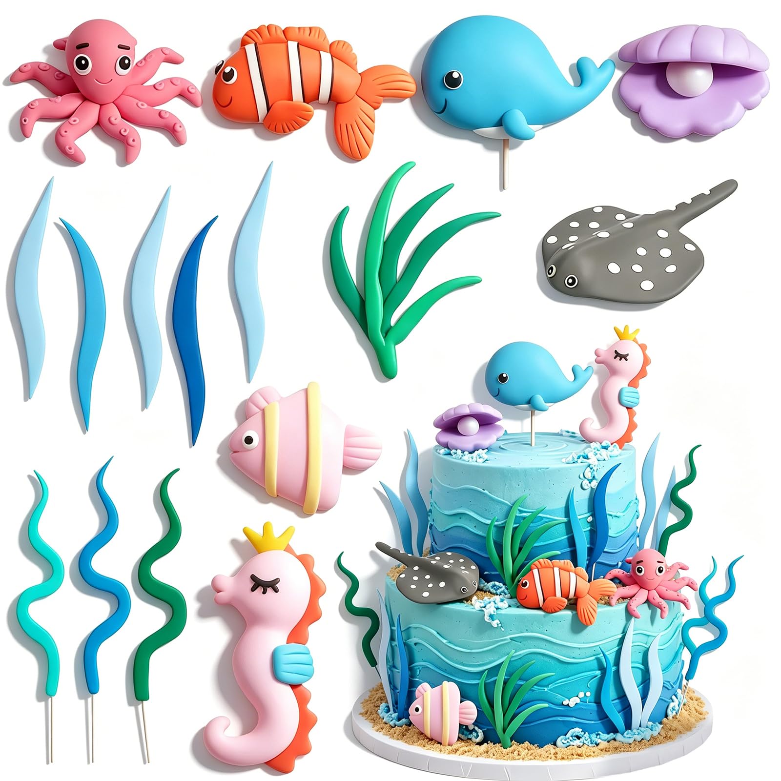 Jungle Ocean Animal/Car/Highland Cows/Mushrooms Cake Toppers Set, Safari Wild Cake Decorations, 3D Lifelike Figurines Grass Tropical Leaves For Kids Birthday Baby Shower Party (Ocean Animals)