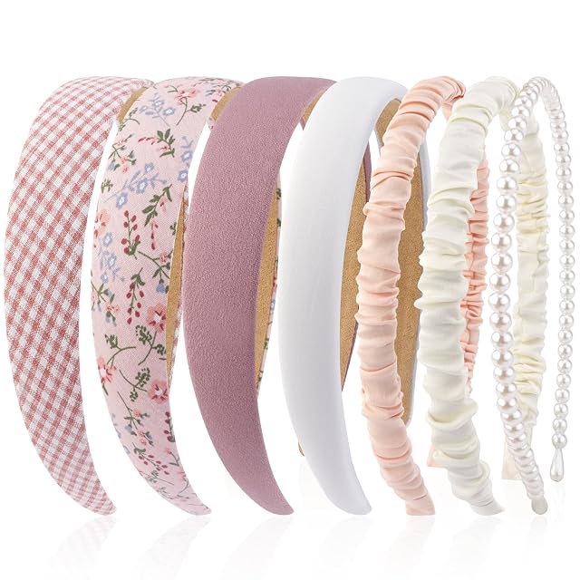 VELSCRUN 7 Pcs Different Headbands for Women Fashion Pink Solid Head Bands Pearl Headband Non Slip Hair Band