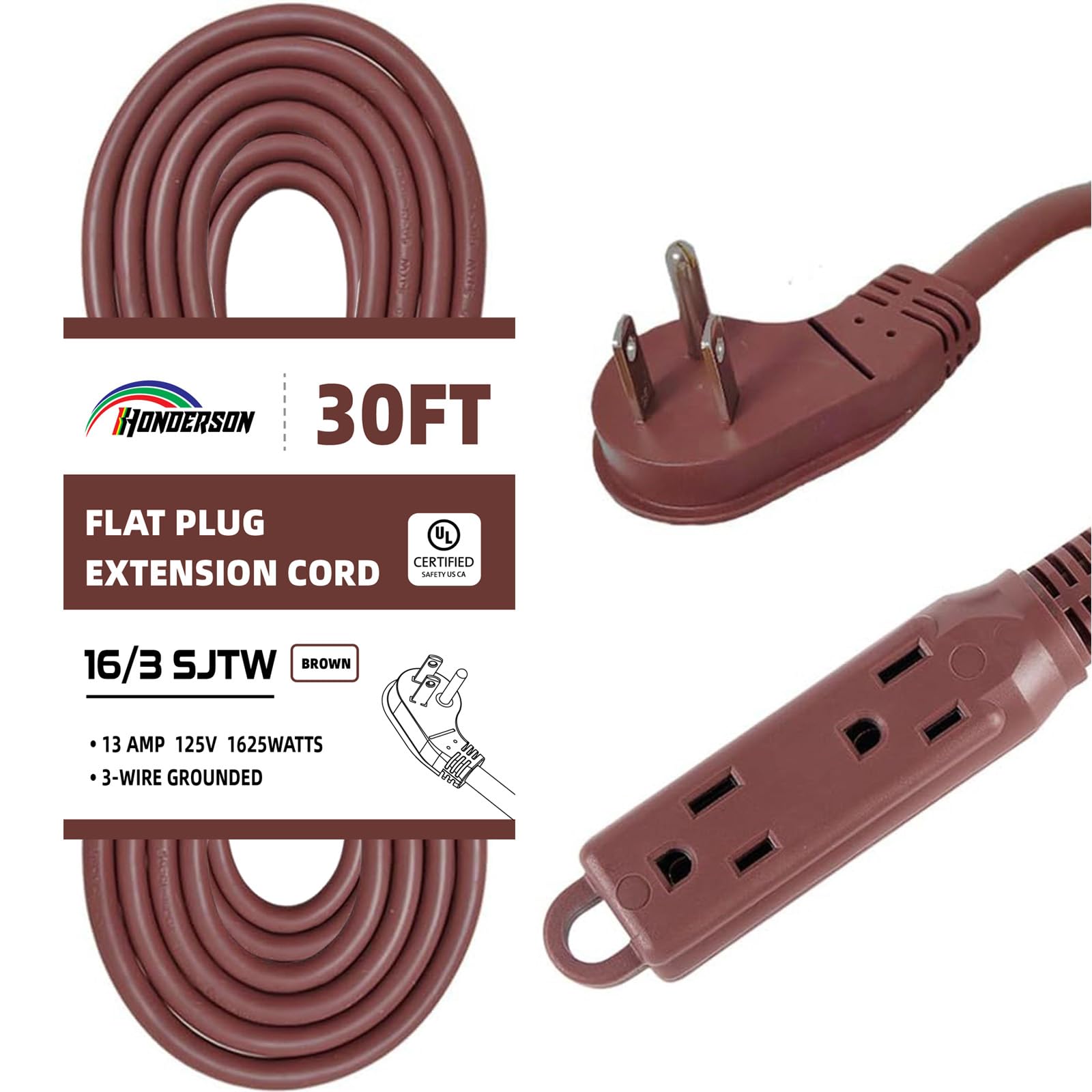HONDERSON 3-Outlets Flat Plug Indoor Extension Cord Outlet Extender, UL Certified, 16 Gauge 30FT Brown 3 Prong Heavy Duty, 16/3 SJTW 13A Power Strip
