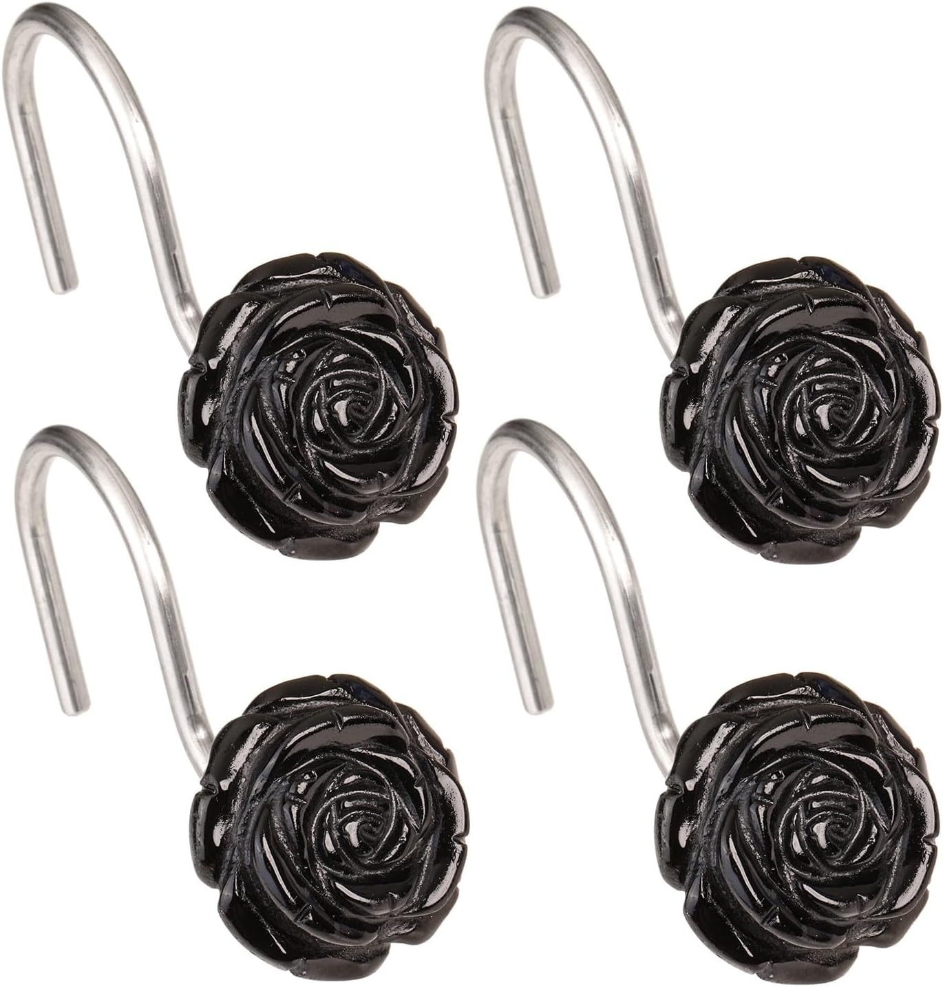 mookaitedecor Set of 4 Black Obsidian S-Shaped Shower Curtain Hooks, Crystal Decorative Rustproof Shower Rings Hangers for Bathroom Drapes Decoration