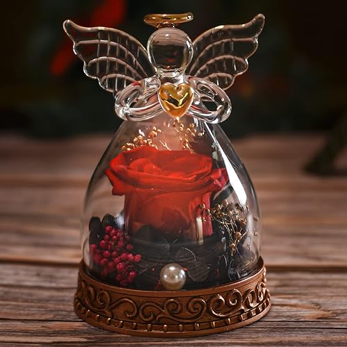 Ángel de vidrio Aastin con rosa real preservada y luz LED, regalos de ángel para mujeres, mamá, abuela en día de la madre, Navidad, cumpleaños (Rojo)