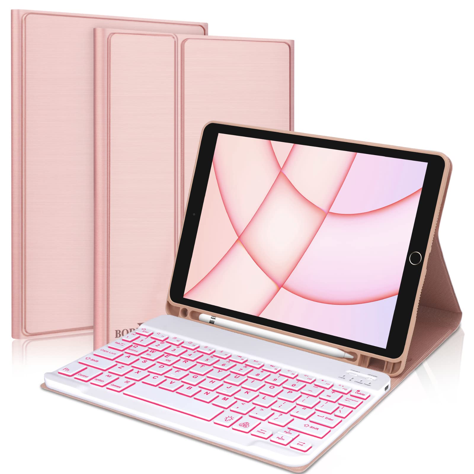 BORIYUANiPad 9th 2021/8th/7th Generation Keyboard Case, 7 Colors Backlit Detachable Keyboard Folio Smart Cover for iPad 10.2"/iPad Air 10.5"(3rd Gen)/iPad Pro 10.5" with Pencil Holder –Champagne Pink