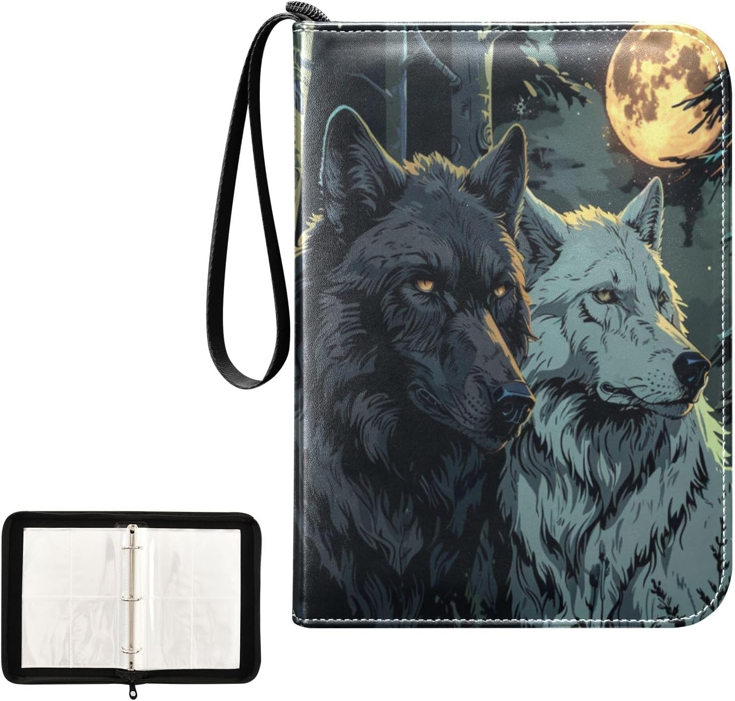 The Wolf Couple under The Moon Zip Trading Card Binder for Boys and Girls, Double-Sided Pockets Holding Up 400 Cards,3-Ring Card Folder Album for Trading Cards, Game Cards