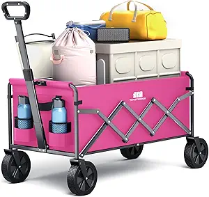 Collapsible Folding Wagon, Heavy Duty Pink Foldable Wagon Cart with Wheel, Lightweight Utility Grocery Cart with 200lbs Weight Capacity for Garden, Beach, Camping Sports, Fishing