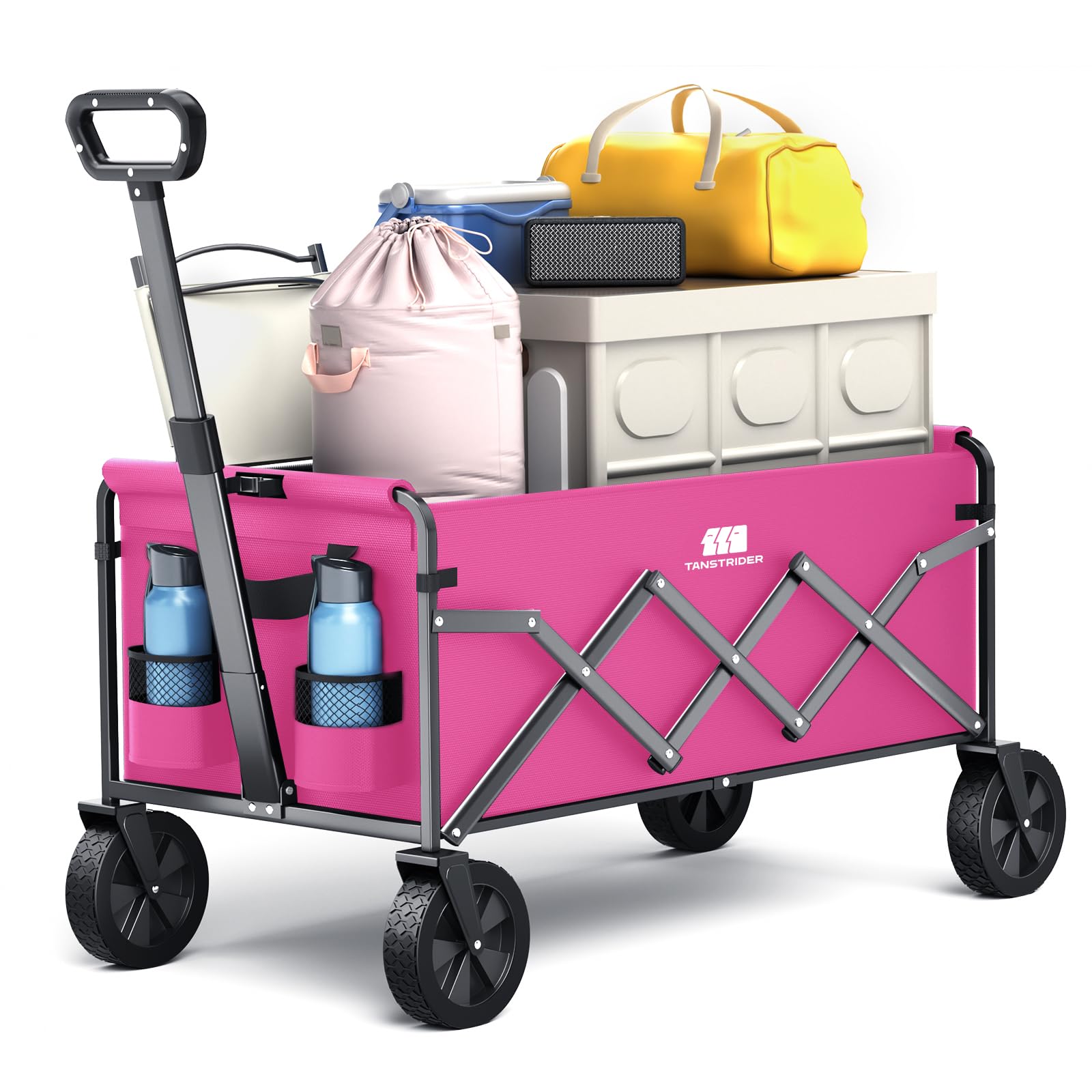 collapsible folding wagon, heavy duty pink foldable wagon cart with wheel, lightweight utility grocery cart with 200lbs weight capacity for garden, beach, camping sports, fishing