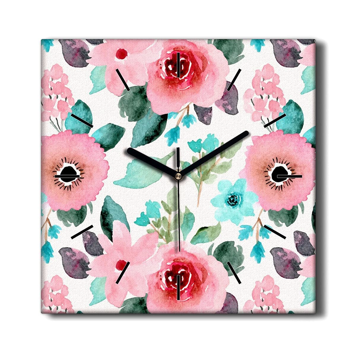 Horloge sur toile 30x30 cm de salon silencieuse aux motifs fleurs et plantes