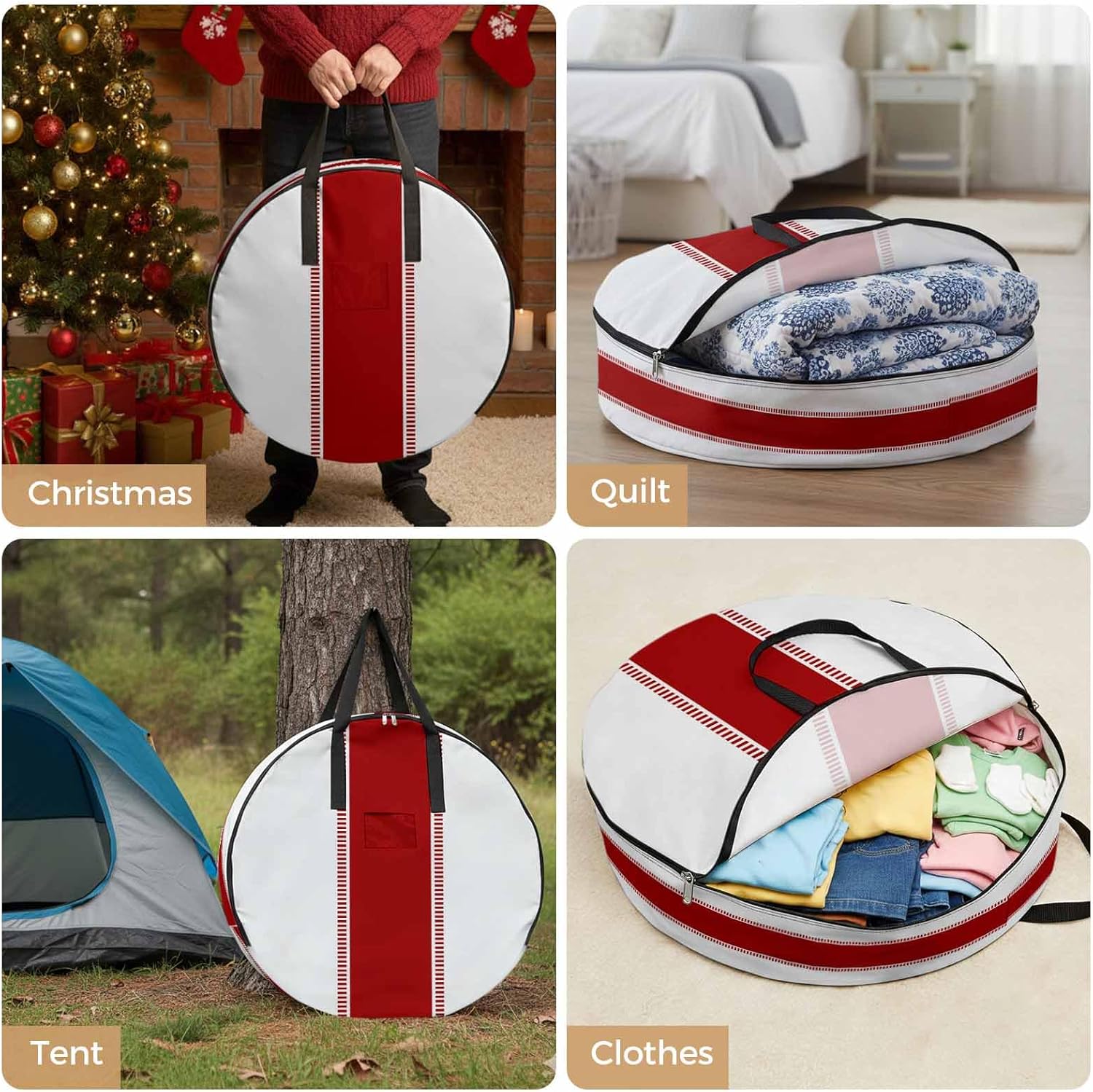 Red Round Storage Bag 36 Inch, Stripes Solid Color Clothes Storage Container with Handles Heavy Duty Organizer for Comforter, Bedding & Holiday Wreaths