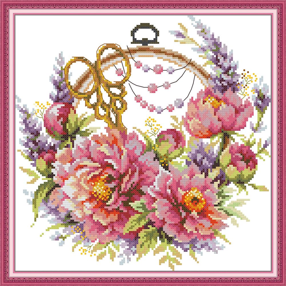 ABEUTY Cross Stitch Kits Peony for Adults Pre Printed or NOT, DIY 14 Count Embroidery Sewing Starter Kit Stamped or Unstamped DMC Needlework Easy Beginners (Stamped)