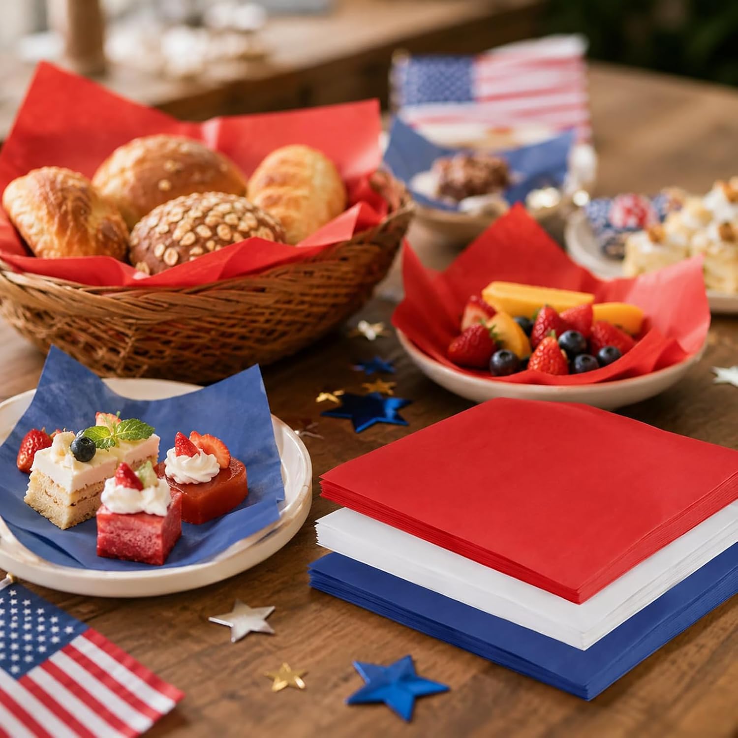 300 Sheets Veteran's Day Wax Paper for Food Deli, 9.5'' x 8.3'' Patriotic Red Blue White Color Greaseproof Deli Paper for 4th of July Sandwich Picnic Basket Liner Patriotic Party Supplies