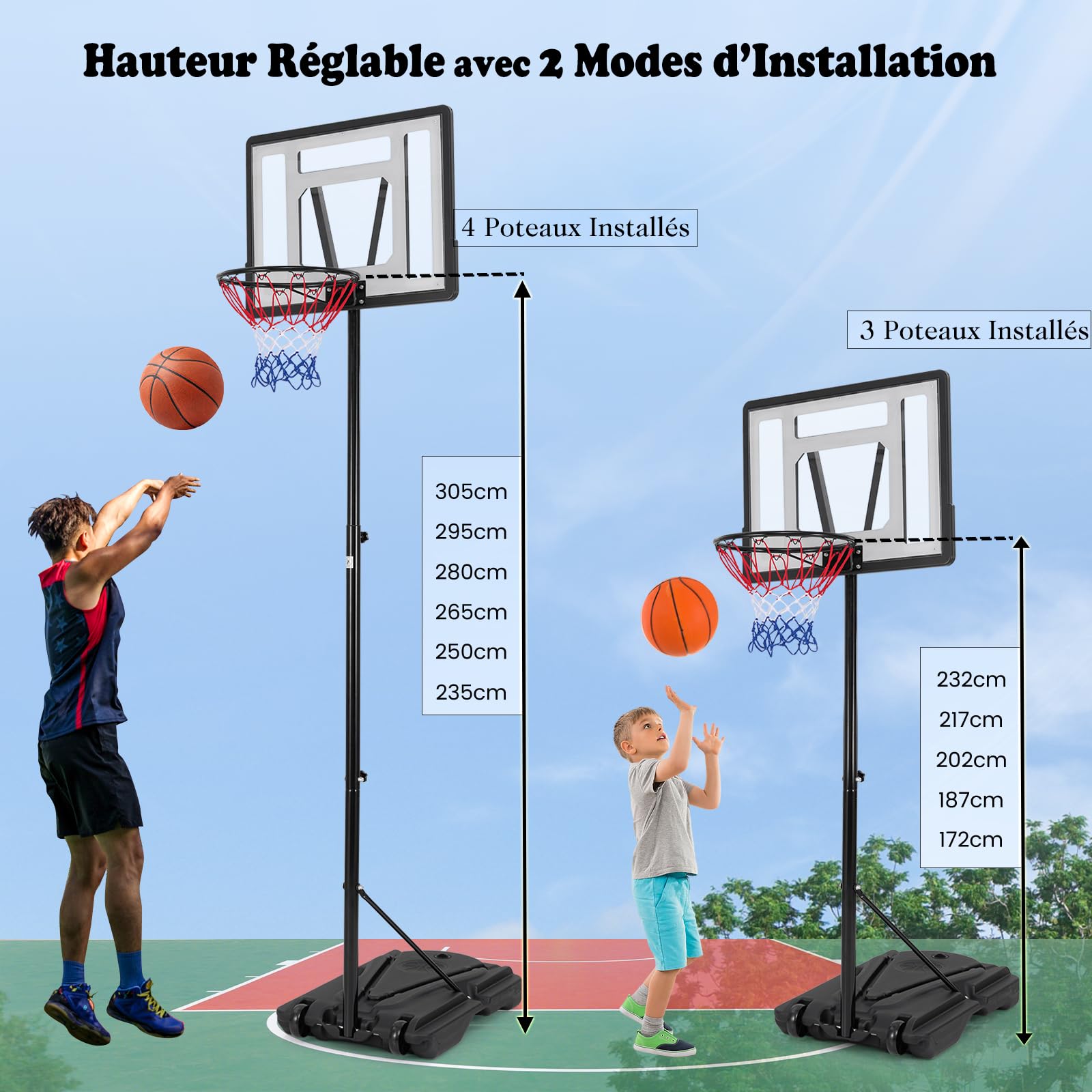 GYMAX Panier de Basket Extérieur, Réglable en Hauteur 172-305cm, avec Panneau Incassable, Base Stable et Remplissable, Roues Intégrées, pour Intérieur et Extérieur, pour Enfants, Adolescents, Adultes