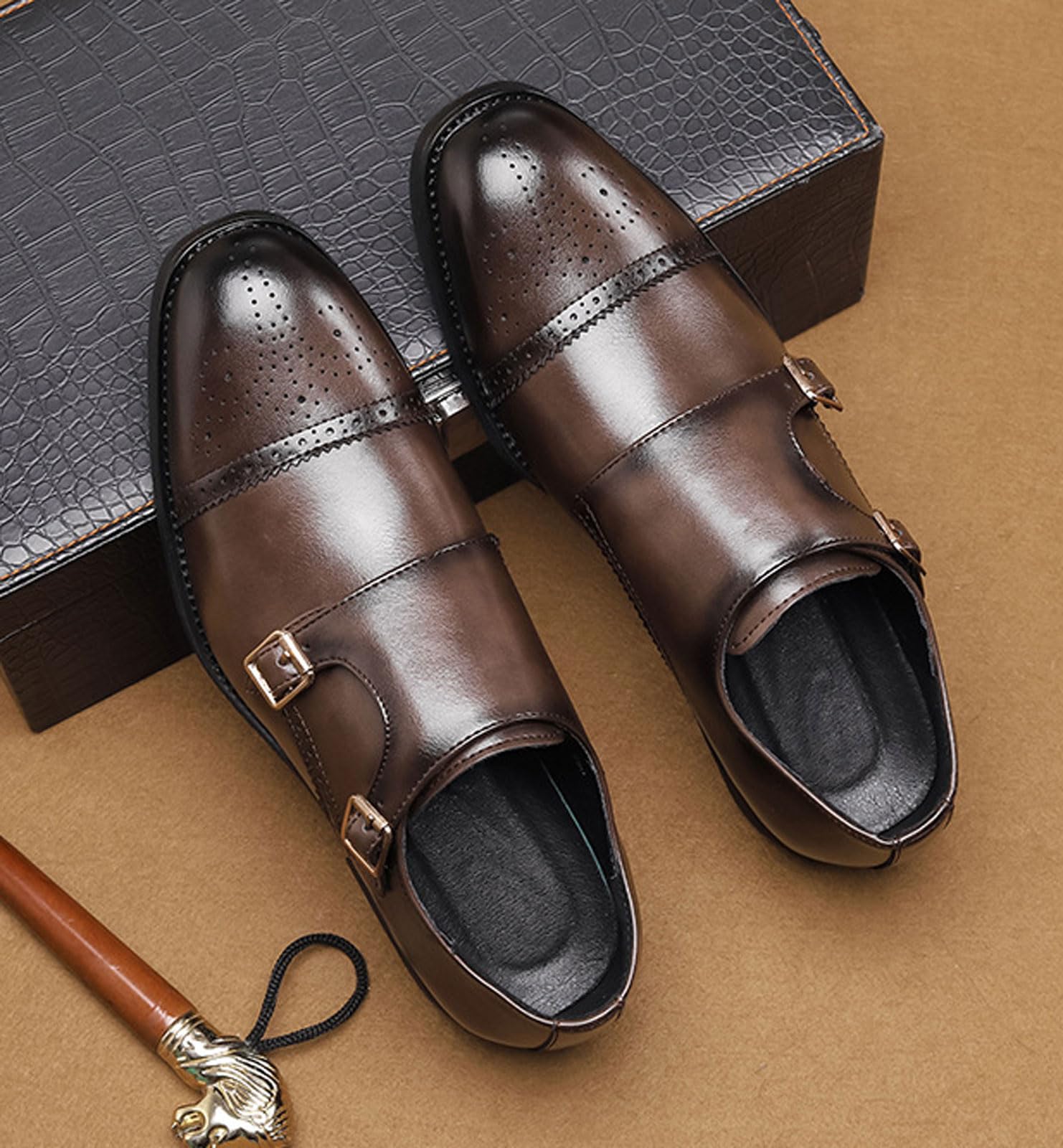 Scarpe Uomo Monk Doppia Fibbia Brogue, Scarpe Eleganti Punta Forata per Ufficio Matrimonio Abito