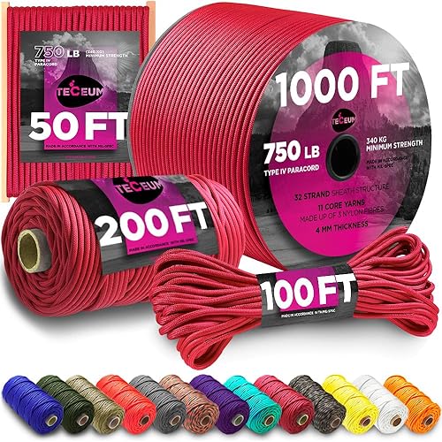 TECEUM Paracord tipo IV 750 libras 100% nailon MIL-SPEC 50 pies 100 pies 200 pies y 1000 pies 20 colores Cuerda táctica de paracaídas resistente