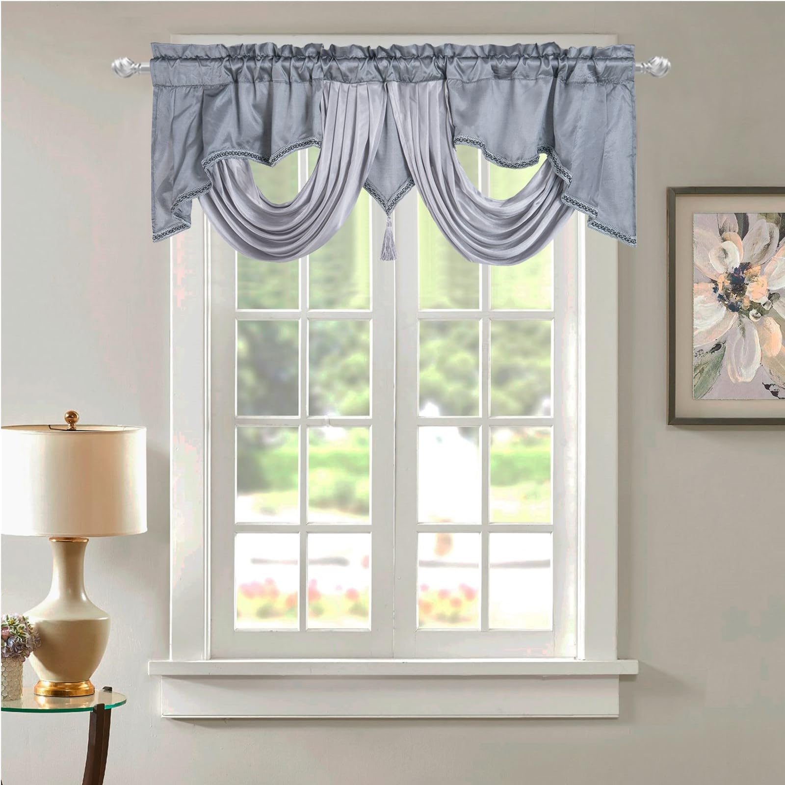 Maritown Grey Swag Valance For Windows,Silk Sheer Voile Valance Curtains With Tassel, Elegant Rod Pocket Swag Curtains Farmhouse Short Window Treatment For Living Room Bedroom Kitchen (Grey)