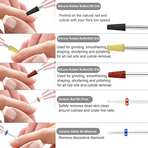 Miniatura 5 de Juego de 30 brocas de uñas con soporte, brocas de uñas de 332 pulgadas para uñas acrílicas, brocas de carburo de diamante de cerámica para cutículas