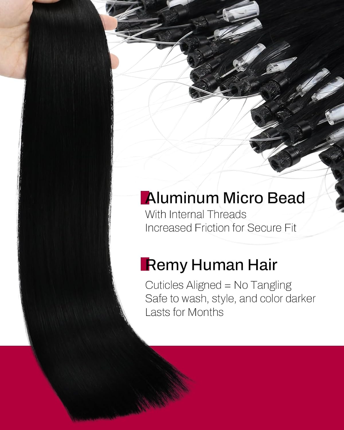 Moresoo Micro Bead Hair Extensions Real Human Hair, Jet Black 20 Inch 50G, Long Straight Micro Extensions, No Heat No Glue, Can Curl or Straighten, for Wedding Party and Formal Events