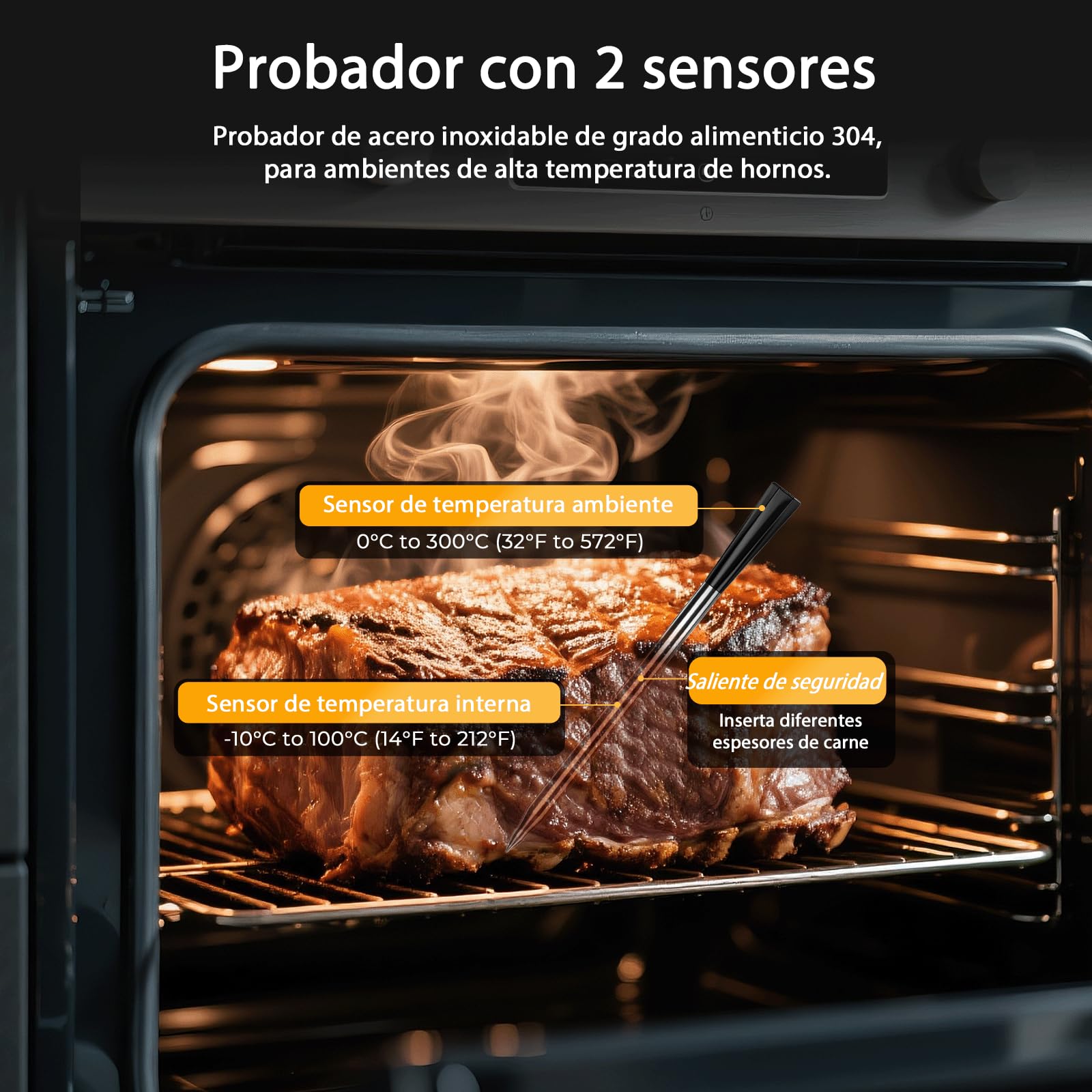 BlueSwan Termómetro de Cocina Inalámbrico con 2 Sondas Aptas para Lavavajillas IP67, Termómetro Digital Inteligente Caja Magnética, 150m Bluetooth App y 9 Modos de Carne, BBQ, Parrilla, Horno, Grill