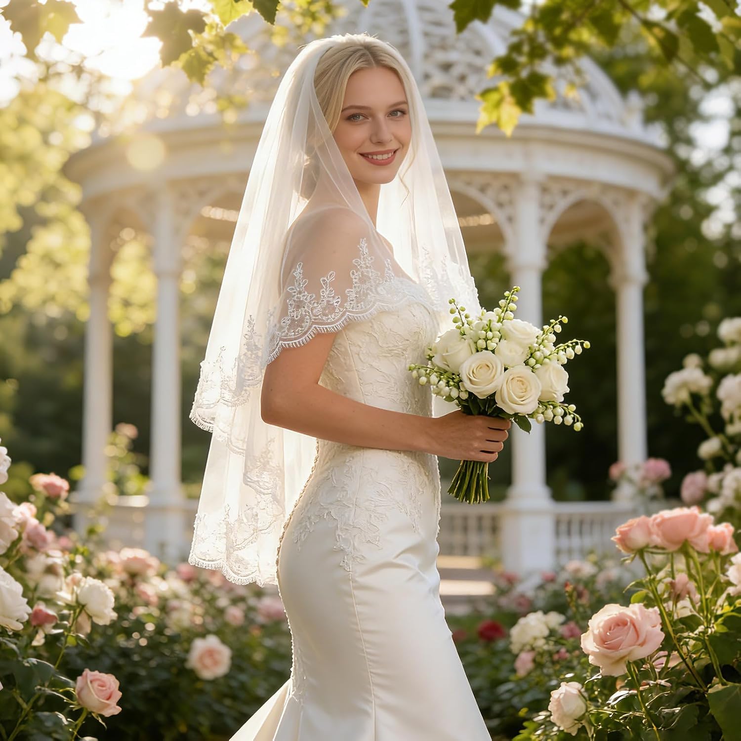 Wedding Veil Pearls and Crystals Beaded Edge Fingertip Length Bridal Veil for Wedding Party photography Fashion Show