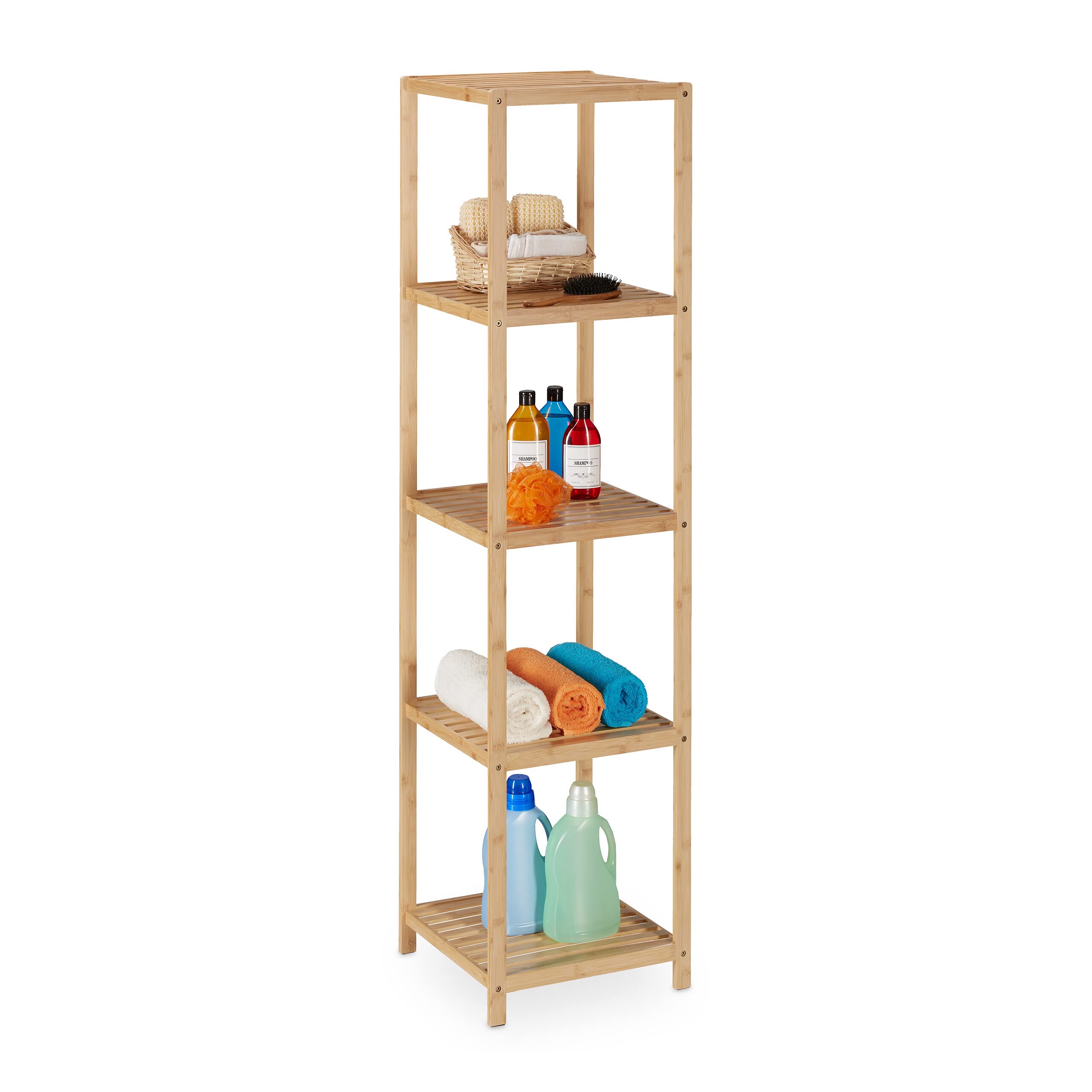 Relaxdays Estantería Baño Bambú, 5 Baldas, 162 x 38 x 39,5 cm, Estante Vertical para Lavabo y Cocina, De Pie, Natural