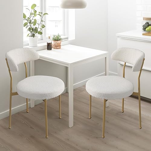 Modern Boucle - Juego de 2 sillas de comedor con respaldo redondo tapizado de lana de cordero y patas de metal para comedor, cocina, restaurante,
