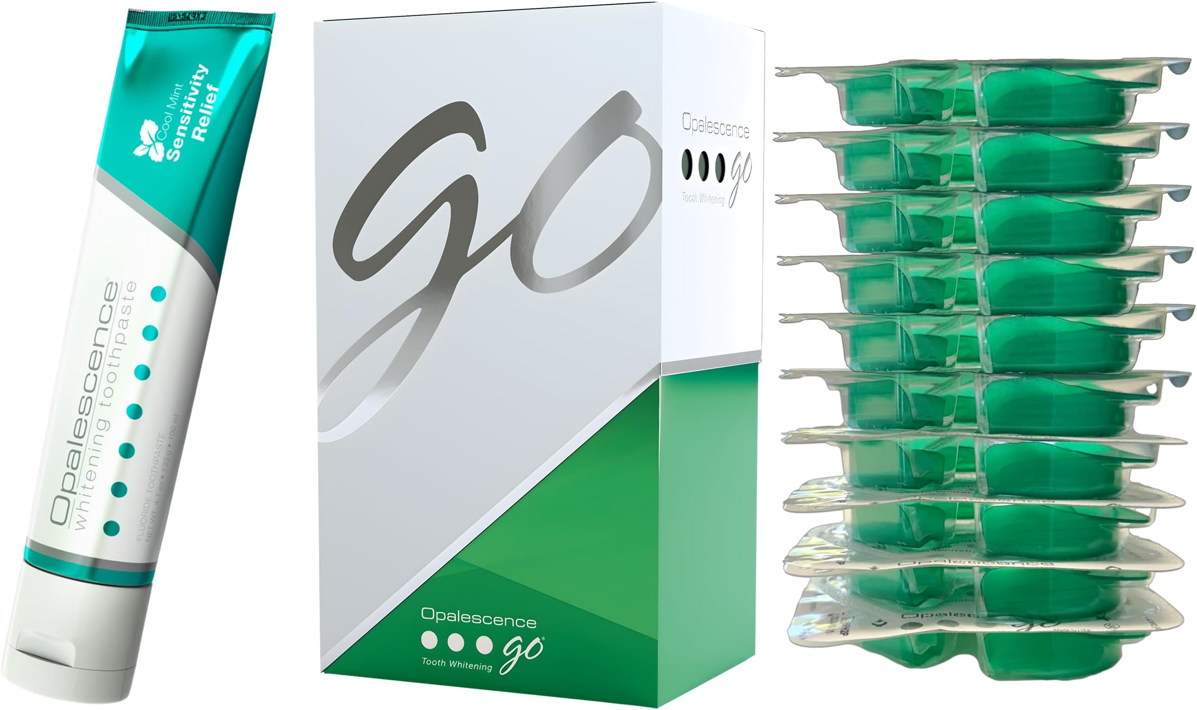 GO Teeth Whitening Prefilled Trays with Sensitive Toothpaste Bundle (10 Trearments) 15% Hydrogen Peroxide Gel Plus Opalescence Whitening Toothpaste 4.7 Onz - Mint Flavor- 5194-5167