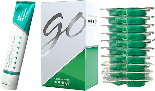 Opalescence Opalescence Go - Paquete de blanqueamiento dental Bandejas precargadas de peróxido de hidrógeno al 15% (10 golosinas) y pasta de
