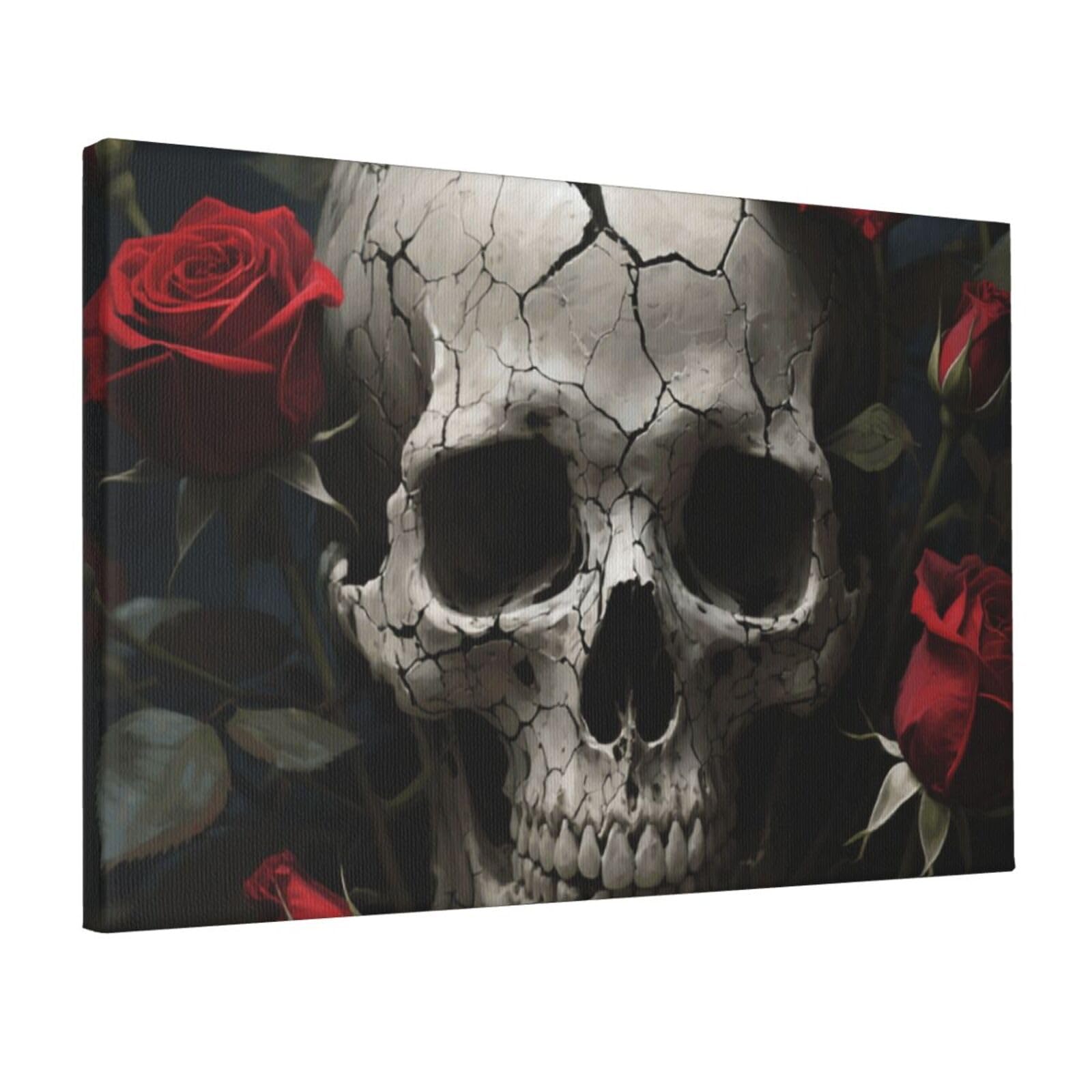 Fodpand Skull Rose Unframed Canvas Wall Art,Modern Posters Print Wall Decor Canvas Oil Painting For Bedroom Living Room Bathroom Wall Hanging Artwork Ready To Hang 12"X18"