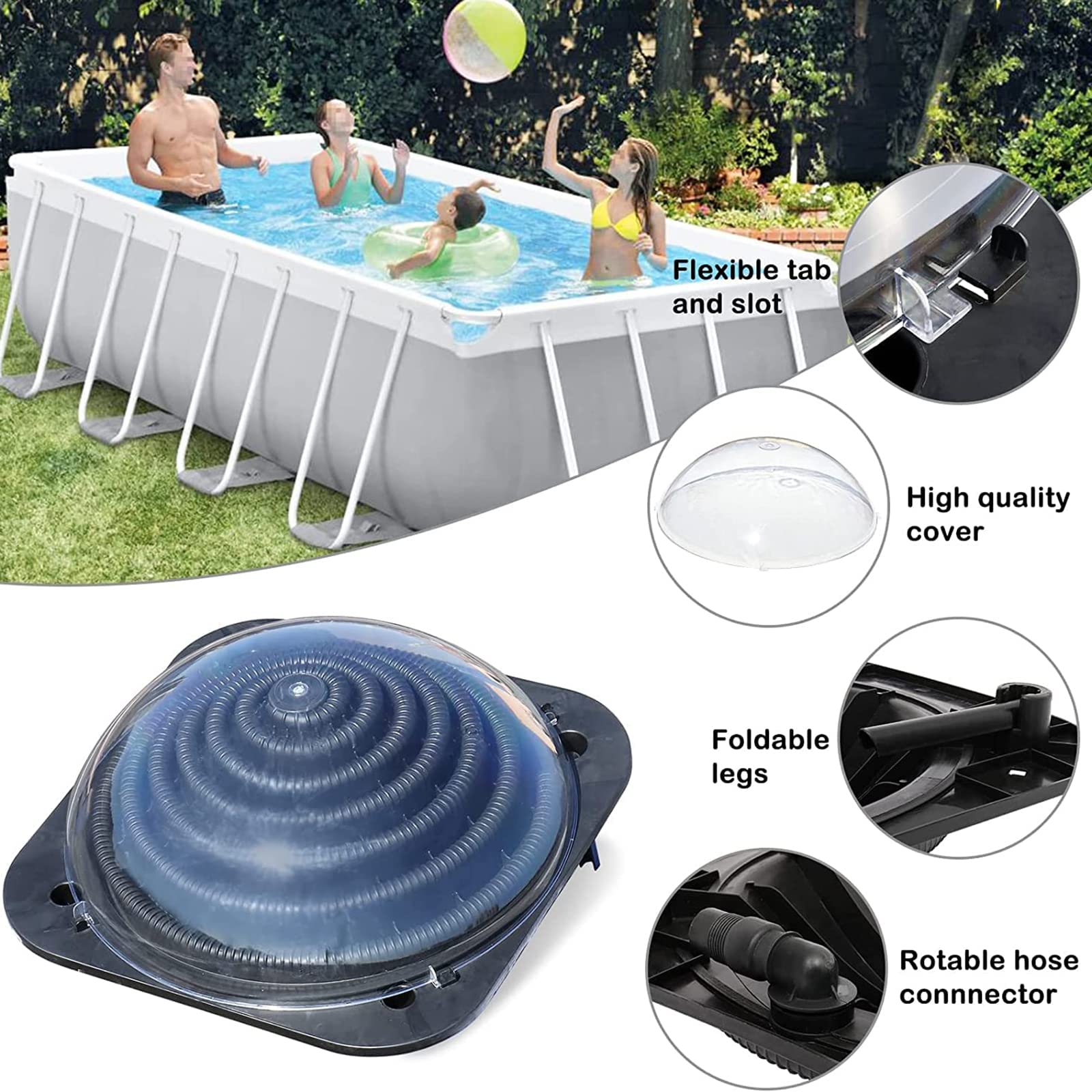 Chauffe-piscine à dôme solaire hors sol - Équipement de chauffe-piscine creusée avec raccord de tuyau pour grandes piscines - Chaleur efficace pour une utilisation à la maison et à l'extérieur - Plu