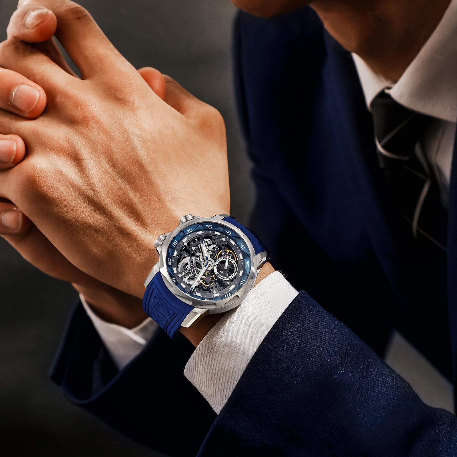 FEICE Herren Automatikuhr Skelett Saphirglas mit Gummiarmband Edelstahlgehäuse 46 mm FM511
