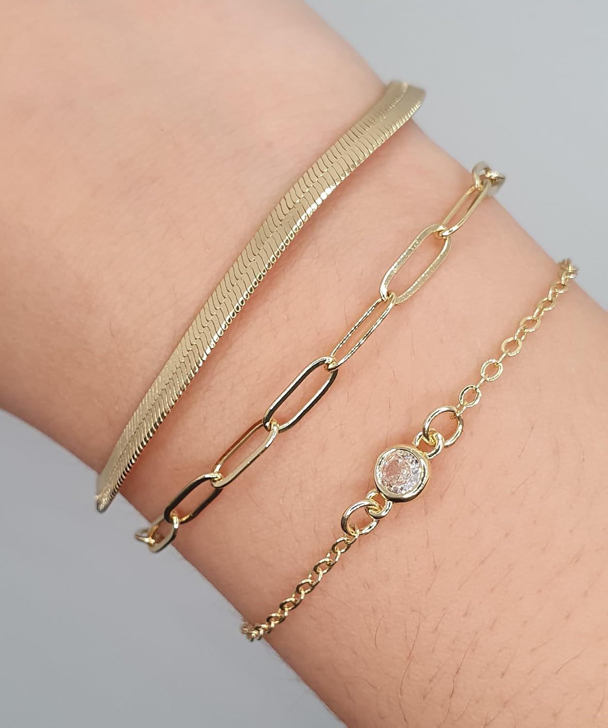 AMARYLIA Elegant Gold-Plated Bracelet Set for Women – Hypoallergenic & Waterproof Jewelry, Stylish Stackable Bangles for Everyday & Special Occasions, Herringbone, Paperclip, Cable chain bracelets, Fashion Trendy and Elegant Accessories Gifts for Womens - Image 6