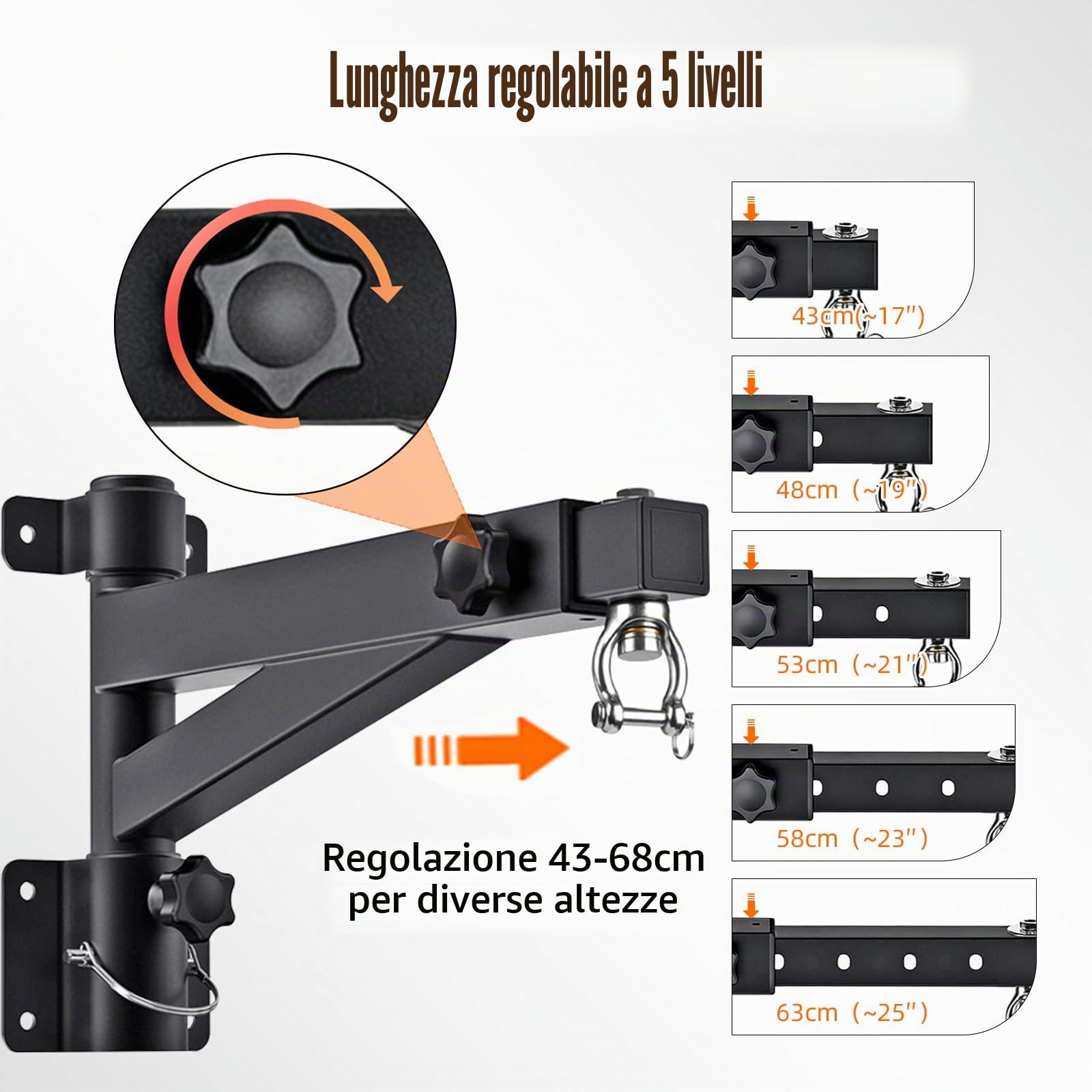 JAOGAUS Supporto Sacco da Boxe a Muro Regolabile e Ripiegabile | Staffa per Sacco Boxe con Lunghezza Regolabile 43-63 cm, Rotazione 180° e Portata 150 kg per Casa, Garage e Palestra