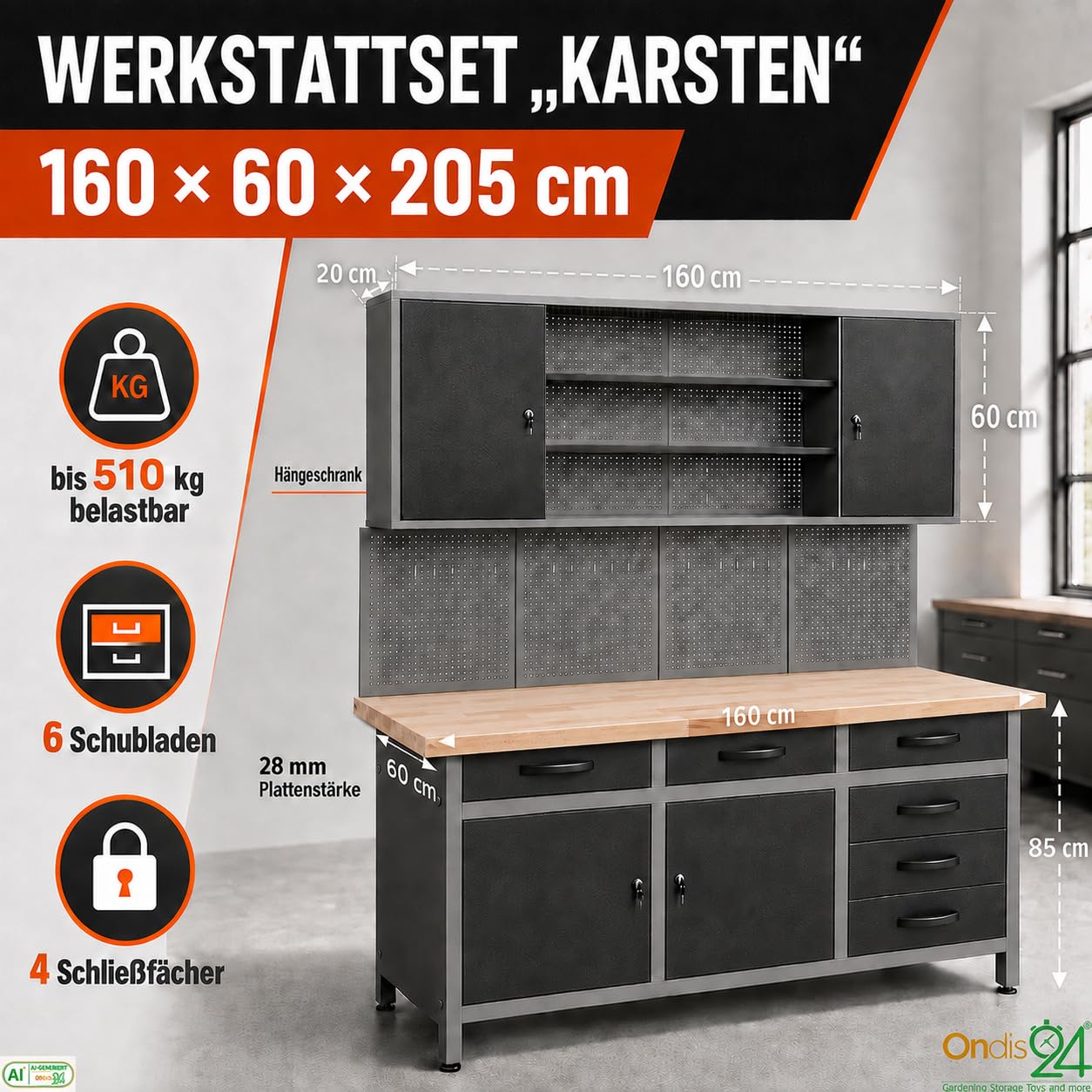 Ondis24 Karsten - Set da officina, 160 cm, banco da lavoro, armadietto da lavoro, pannello forato in faggio