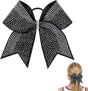 8" Large Black Cheer Bow with Rhinestones, Glitter Cheerleading Hair Bow