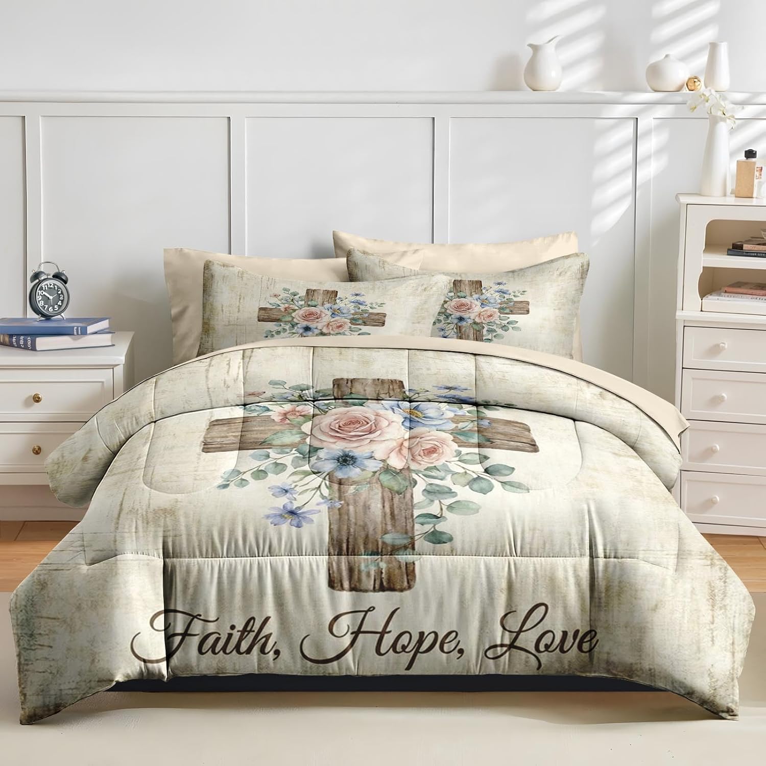 Comforter Set Twin Size, Religious Floral Rustic 5 Pcs Bedding for Kids and Adults, Watercolor Easter Bed Sheet Sets with Fitted Sheet Pillowcases & Shams for Bedroom Bed Decor - Image 3