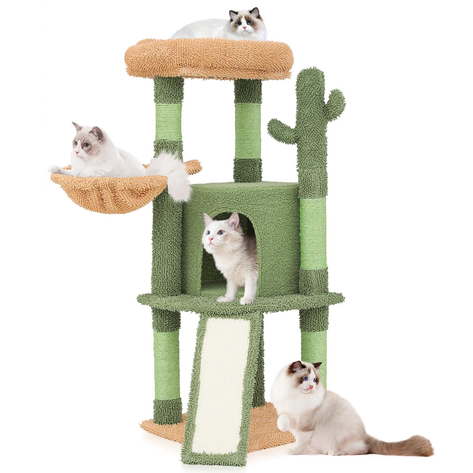 Photo 1 of Cat Tower Cactus, 42 Inches Cat Tree with Sisal Scratching Ramp, Cozy Hammock and Bed Perch and Condo for Kittens, Green