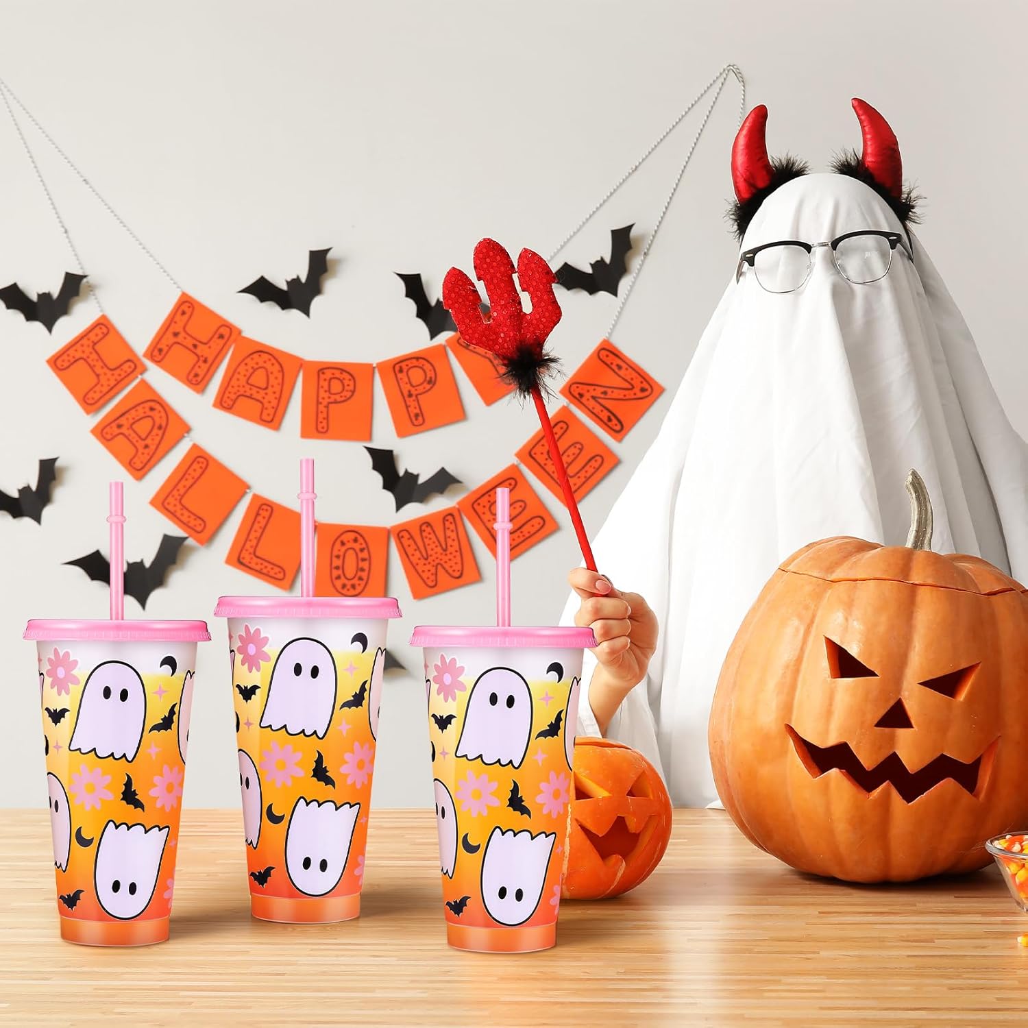 12 Pcs Halloween Plastic Cups with Lids and Straws 24 oz Reusable Pink Halloween Tumbler Ghost Drinking Coffee Cup for Women Home Office Decoration Birthday Party Favors - Image 6