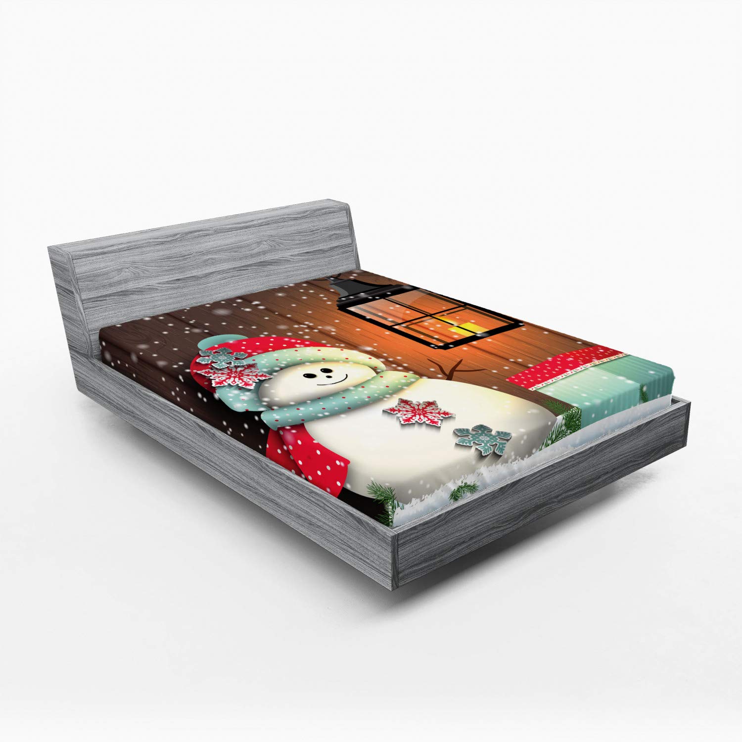 Ambesonne Christmas Fitted Sheet, Snowman with Santa Hat in The Garden with a Gift Box and Candle Cartoon Image, Bed Cover with All-Round Elastic Pocket for Comfort, California King, White Brown