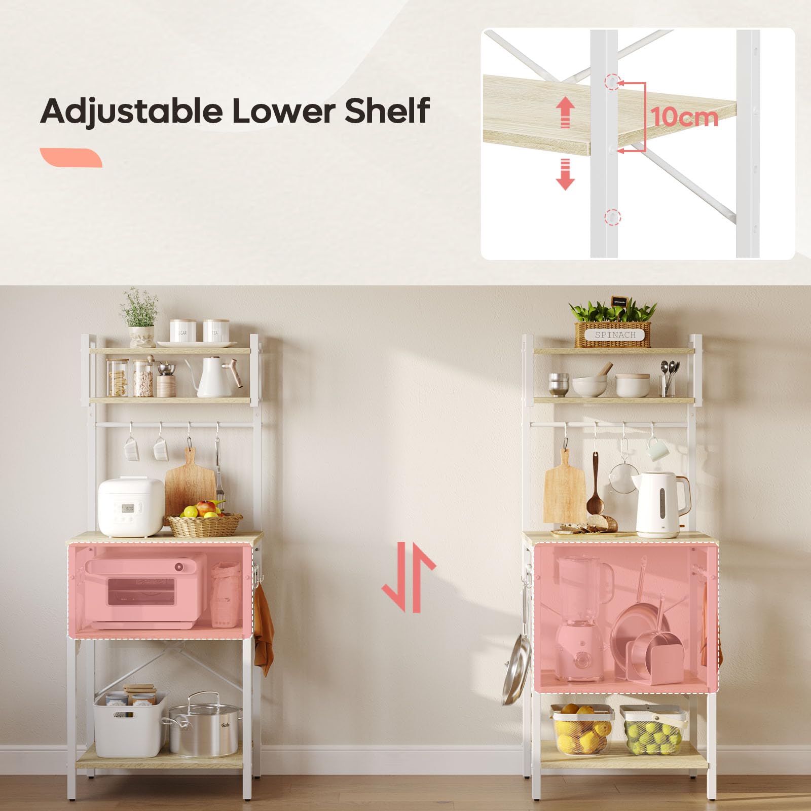 Bestier Scaffale da cucina in piedi, sottile, 60 x 42 x 148 cm, con 8 ganci, struttura in acciaio rustico, scaffale per microonde (bianco)