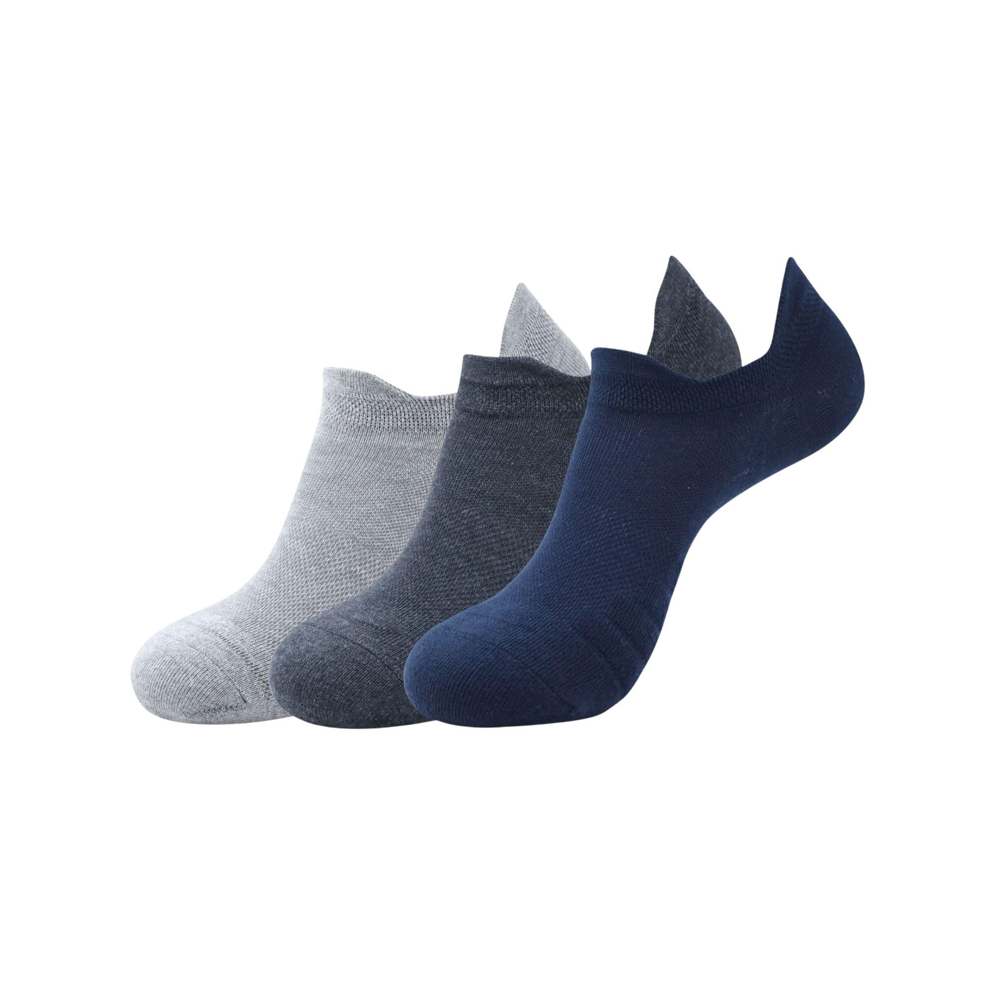 BALENZIA Calcetines de algodón y elastano para hombre, para gimnasio, deportes, correr, con tecnología Coolmax, tejido de malla y silicona antideslizante, paquete de 3 (L, gris, gris, azul marino),